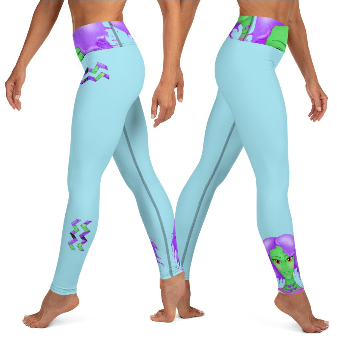 High Waist Leggings- Aquarius. Pale Sapphire Blue Yoga Pants. WickedYo.